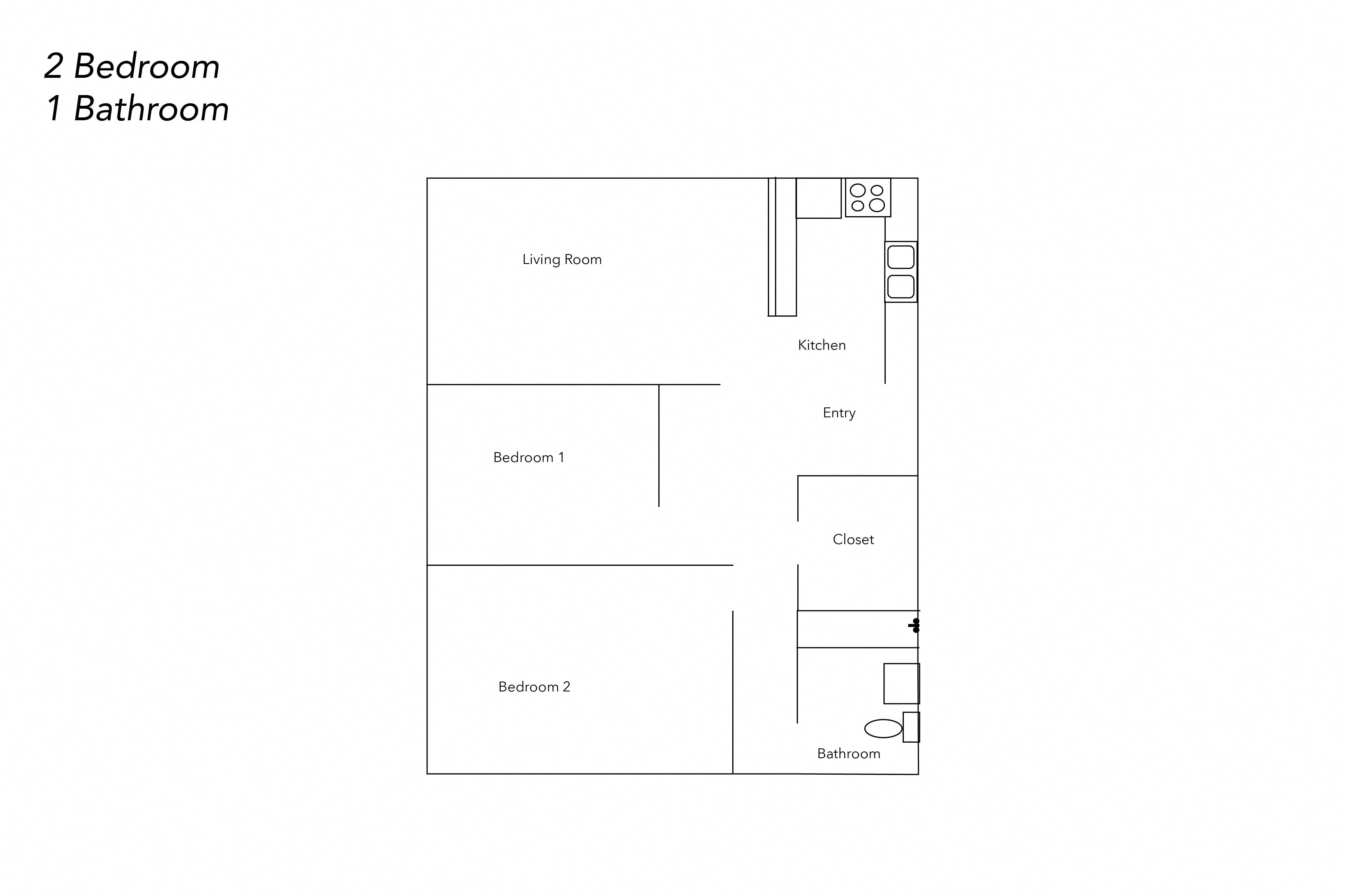 Floor plan for 2 beds, 1 bath, 905 sqft